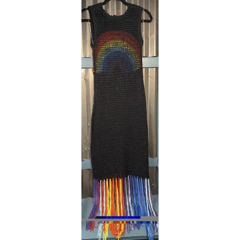 Cool Attitude Rainbow Crochet Dress Swim Coverup Black Size Medium Beach Summer - Picture 5 of 10